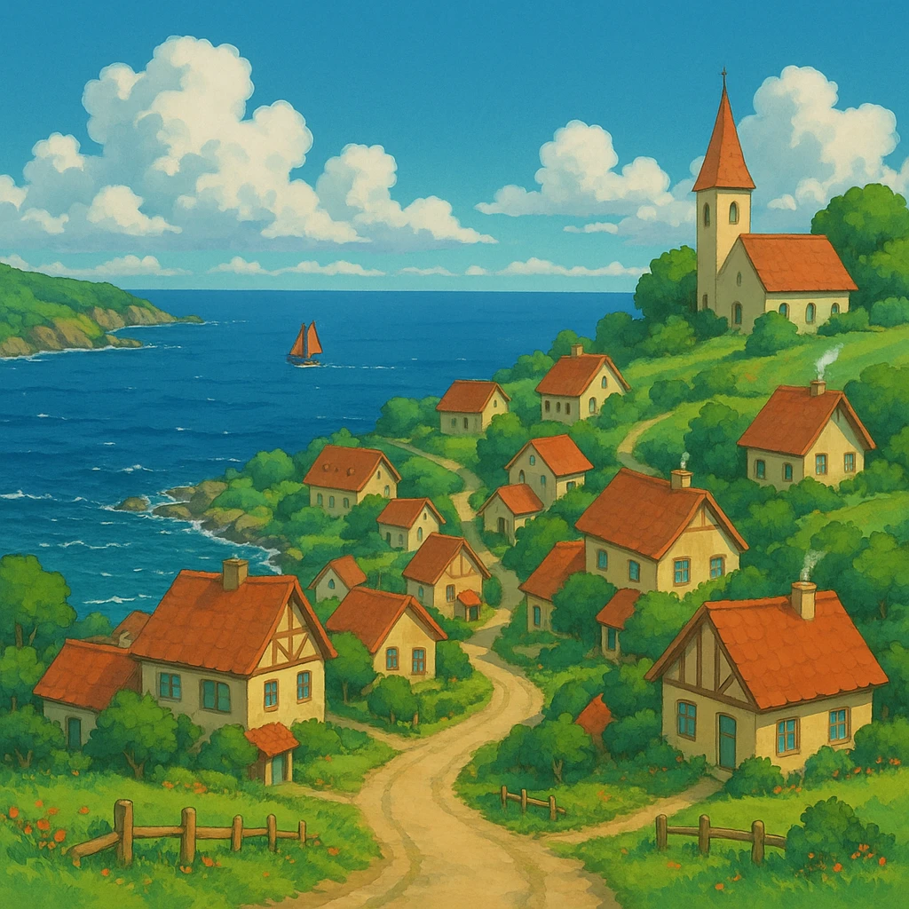 ghibli style coastal village scene emoji