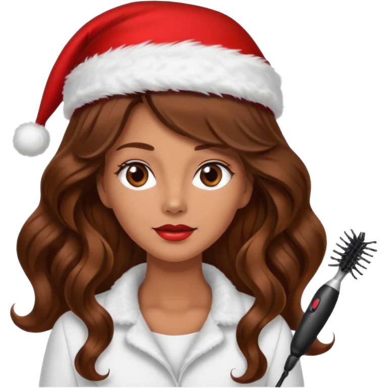 mujer peinandose en la peluqueria y con un gorro de navidad, cabello largo café y ondulado emoji