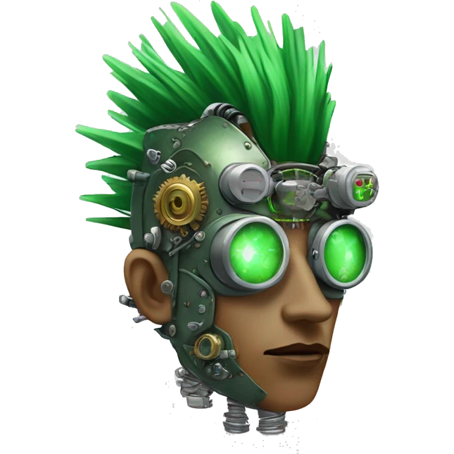 Green Mohawk cyborg head with grey steampunk goggles and circuitry emoji