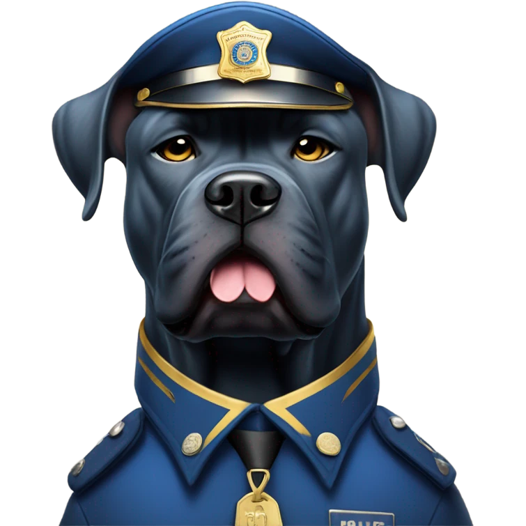 An angry Blue Cane Corso in a blue and gold police uniform hold in a club. emoji