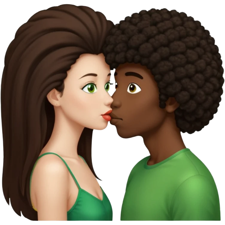 girl with long brown straight hair and green eyes kissing dark boy with afro and big nose emoji
