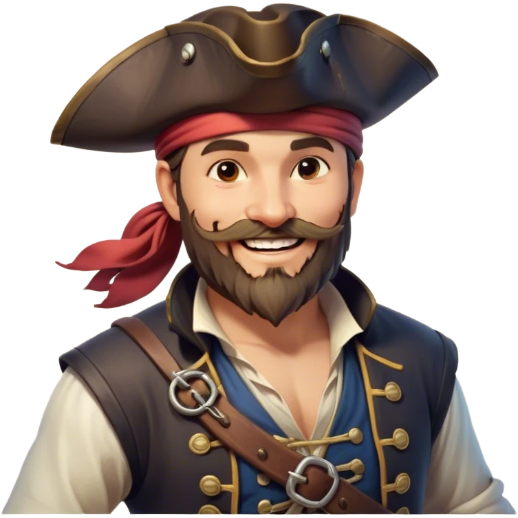 Clash of Clans aesthetic Cheerful Pirate Portrait Emoji, With a bright, confident smile and a relaxed yet adventurous posture, showcasing a stylized, rugged build with a classic pirate hat and a neatly groomed beard, his face in natural skin tone, Simplified yet expressive features, highly detailed, glowing with a soft, luminous maritime radiance, high shine, upbeat and daring, stylized with an air of classic swashbuckler allure, soft glowing outline, capturing the essence of a cheerful pirate ready to chart epic voyages! emoji