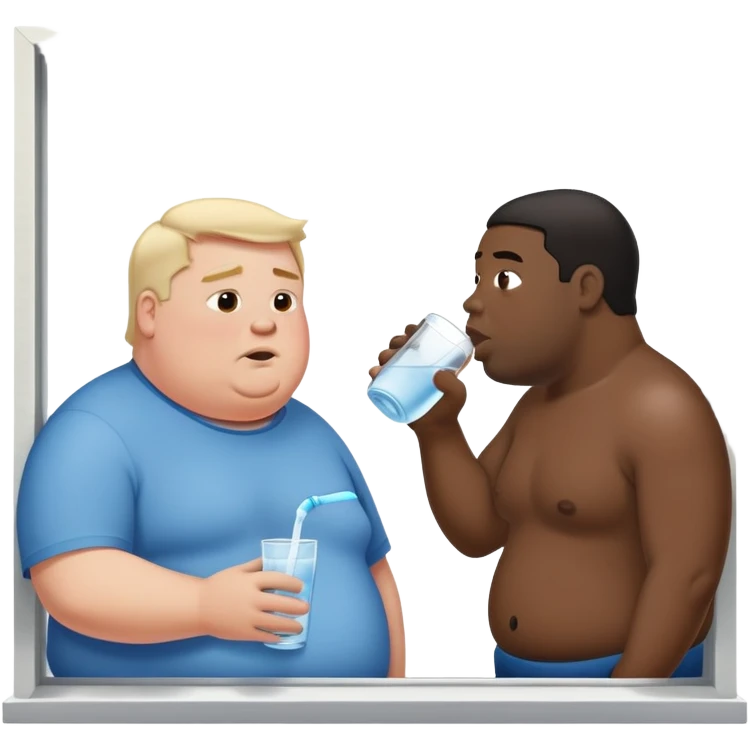 Big fat white man drinking water and a black guy is outside the window begging for some emoji