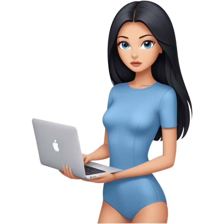 Glamours tanned very beautiful girl with pump peach nude lips and black straight smooth long hair, blue-grey eyes in short sleeves bodysuit with MacBook emoji