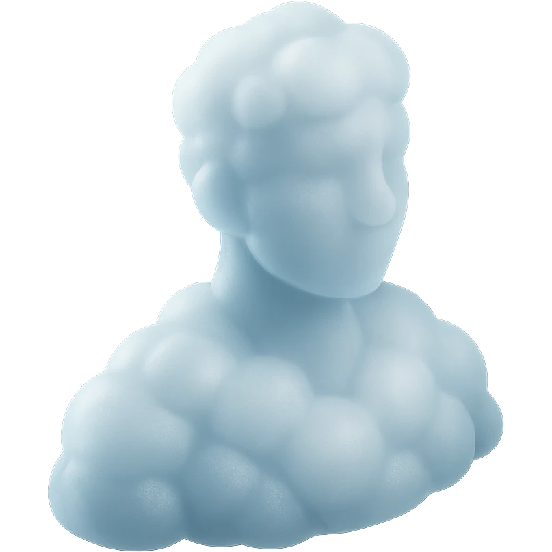 person looking straight, composed entirely of white fluffy convex clouds, shoulder up, matte glass style emoji