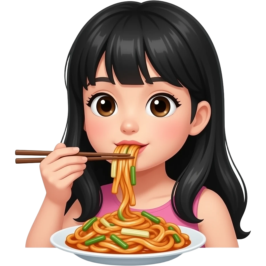 Girl with long black hair eating japchae with 🥢 emoji
