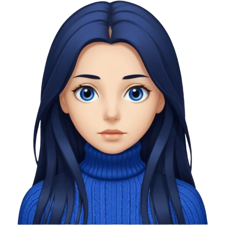 Mujer pelo oscuro y muy largo con unos mechones saliendo ojos oscuros y muy atractiva y con jersey de invierno azul de cuello vuelto emoji