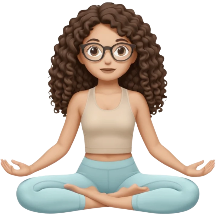 Memoji-stylegirl with long dark brown curly hair, round glasses, large brown eyes, soft rounded face, warm beige skin tone, wearing neutral Pilates activewear, calm wellness aesthetic, pastel colors, sticker-style digital illustration, smooth shading, white outline,reformer pilates doing. emoji