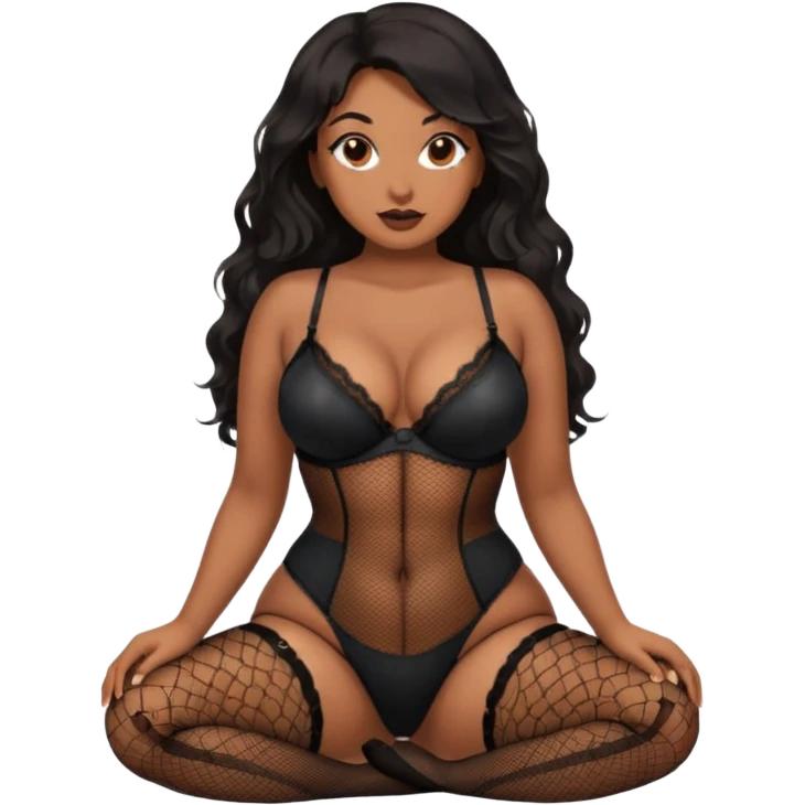 Curvy woman with brown skin with long wavy black hair, dark brown eyes. She's wearing black fishnet lingerie and black fishnet stockings, she's on her knees looking up to the camera  emoji