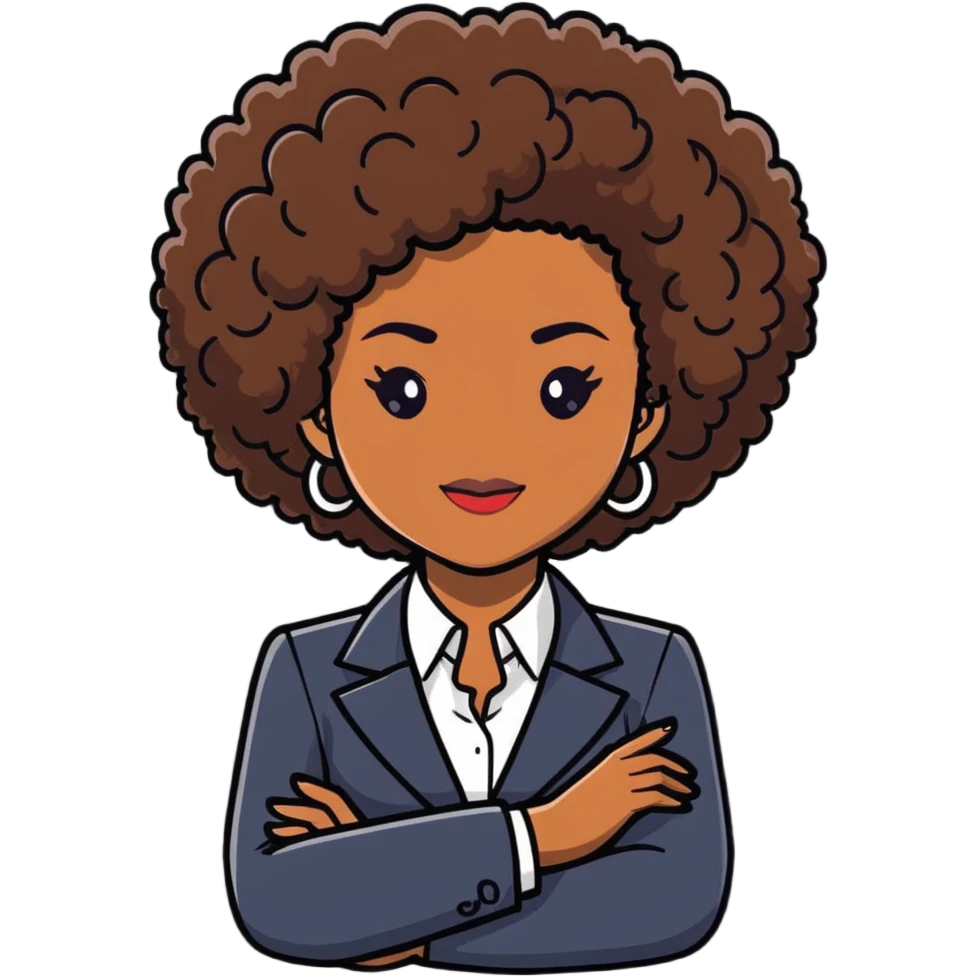 Elegant African career woman with natural curly afro hair, corporate outfit, professional demeanor emoji