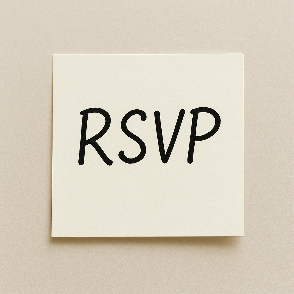 a note with RSVP written on it, clear handwriting, simple background emoji