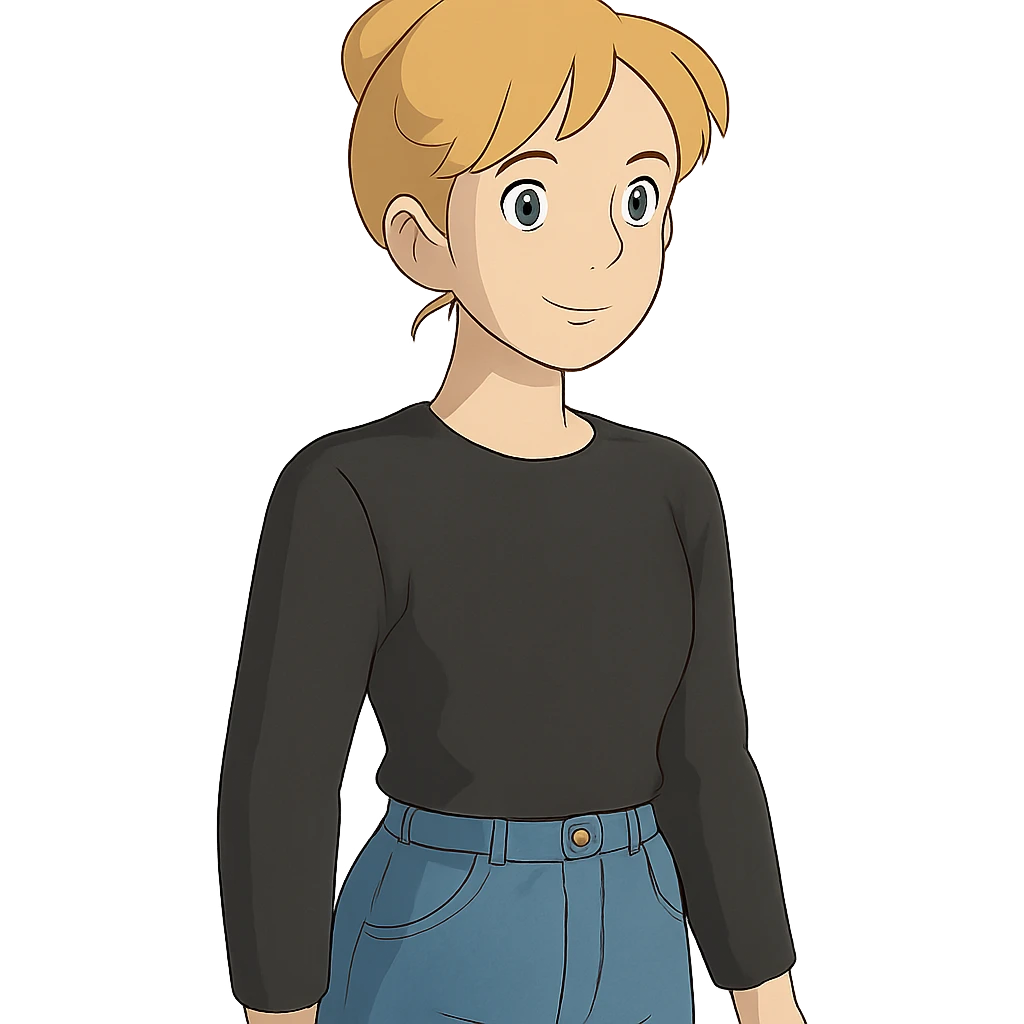 ghibli style blond woman with bun, long sleeve black shirt, and jeans emoji