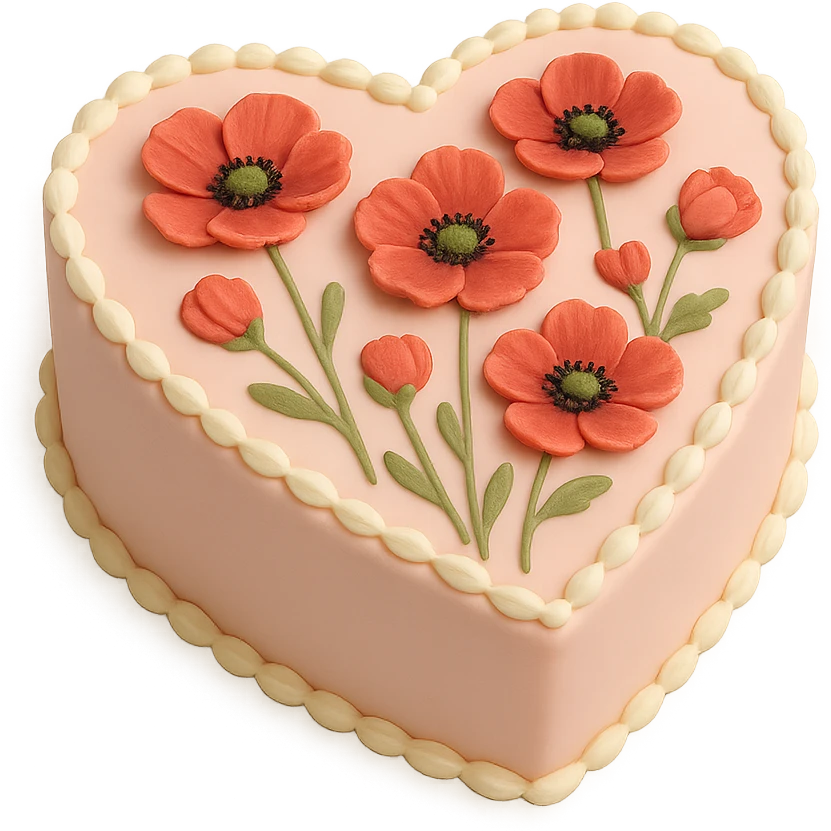 heart-shaped fondant cake with piped poppies emoji