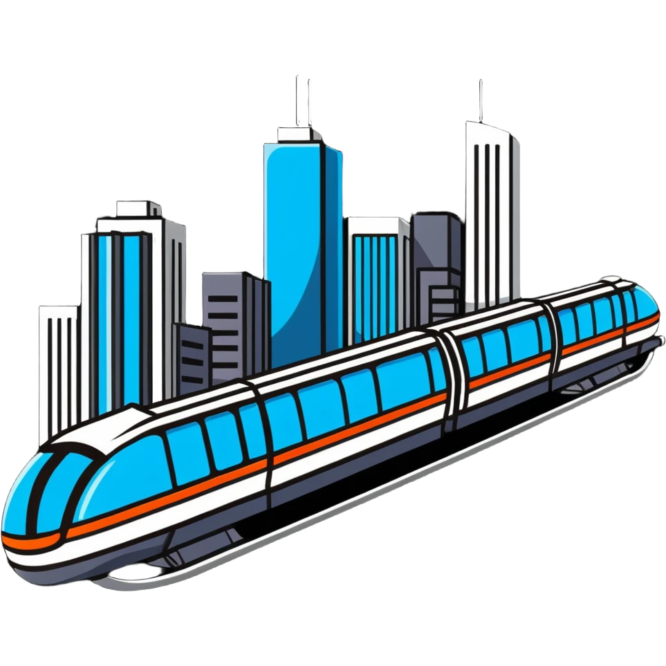 Futuristic monorail train curving above a cityscape with tall buildings emoji