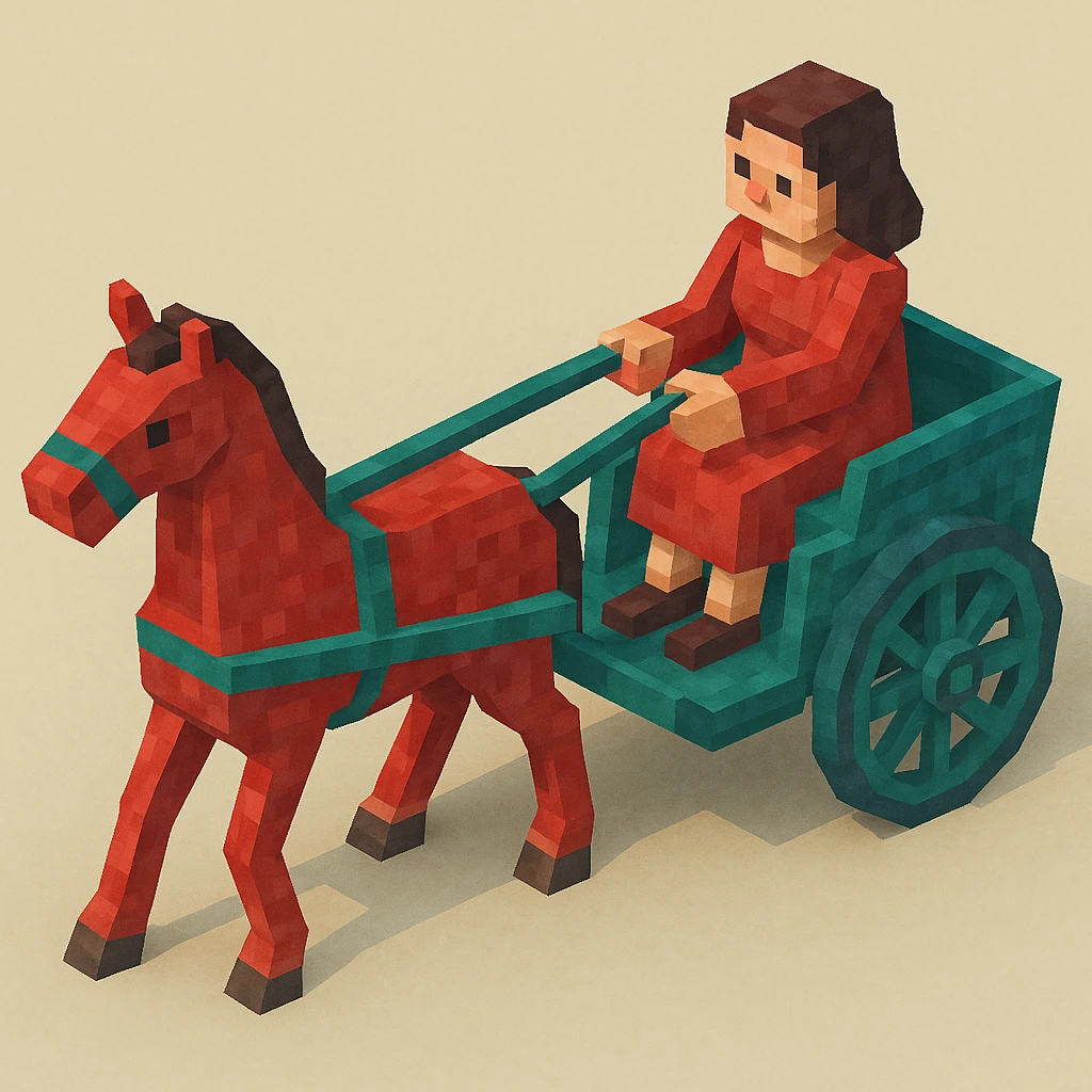 Isometric horse and cart with color variation: red and teal, keep original style low poly 3d. emoji