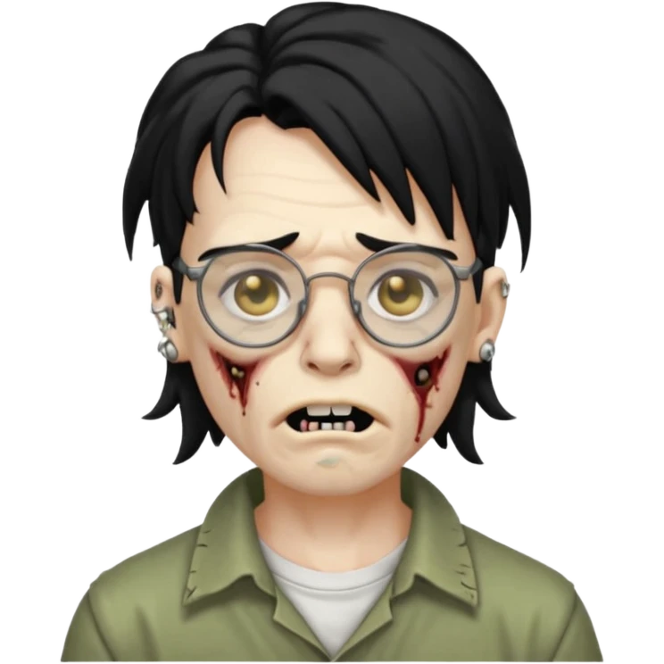 homem zumbi de óculos mullet piercing na boca piercing nas duas sobrancelhas duas orelhas giradas trágus esquerdo furado cabelo preto com muita olheira emoji