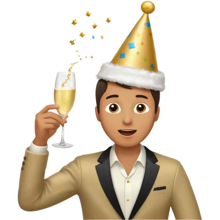 An energetic man throws his head back, drinking champagne loudly as the New Year begins. emoji