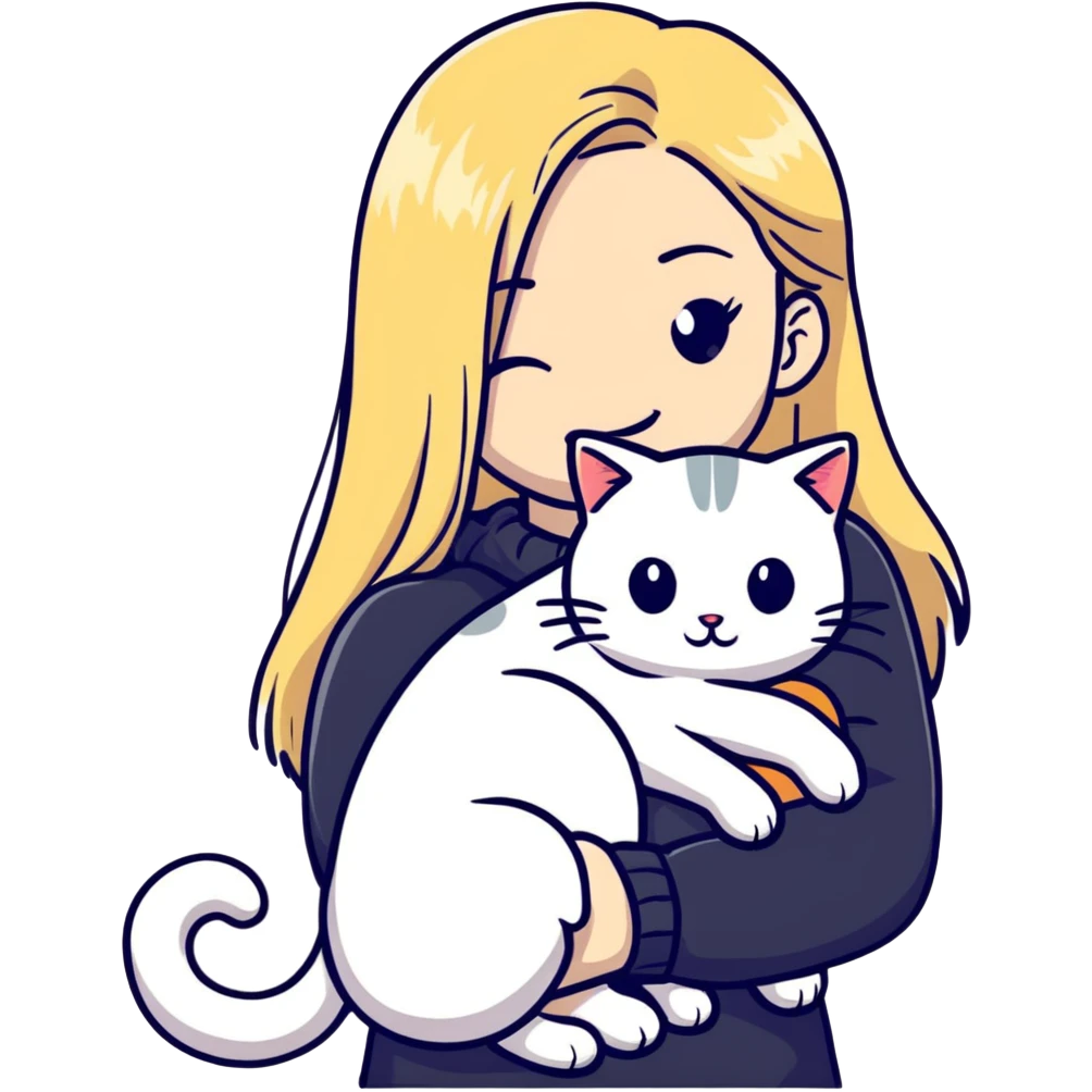 pretty woman with pale skin, very long blonde hair hugging a cat emoji