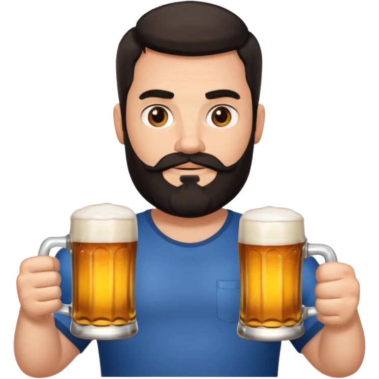 big man in yoga pose, bright skin, dark beard and dark short hair, holding beer mugs emoji