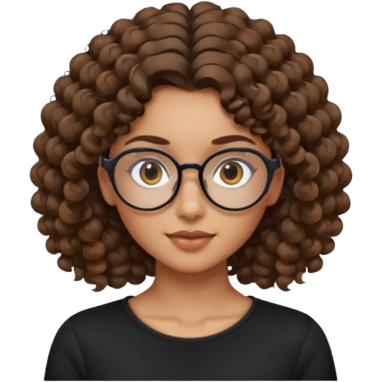 un chica con pelo rizado tiene hecha una coleta y con dos rizos sueltos en la parte de alante que le llega hasta el cuello. luego pil un poco morena ojos marrones y tiene gafas negras y son exagonales pero un poco redondeadas. emoji