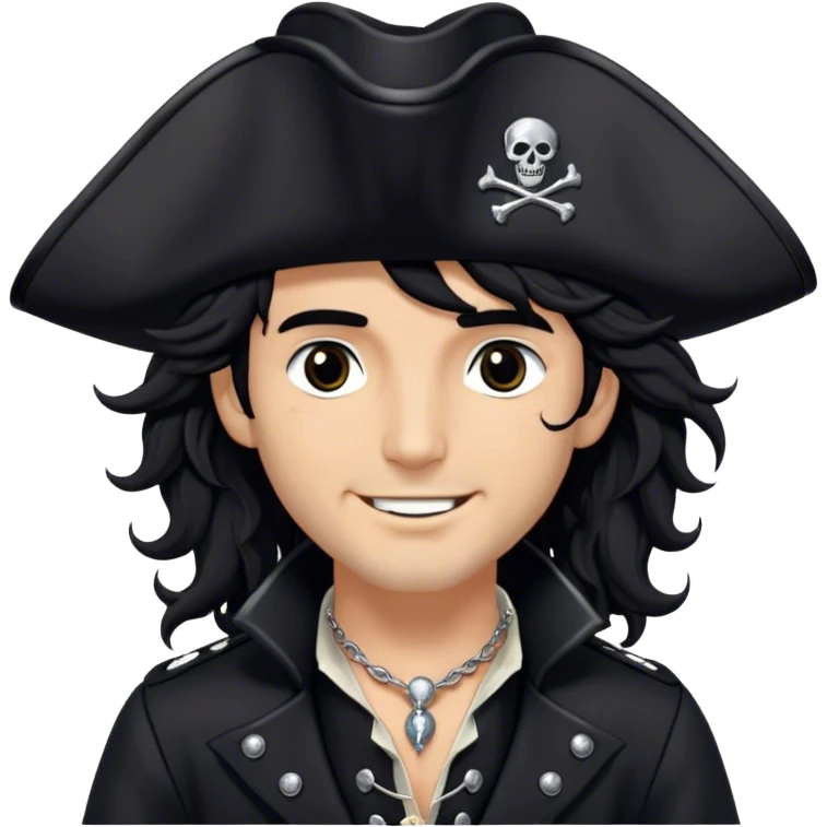 A charismatic pirate with wavy black hair tousled. His black tricorn hat, embroidered with silver. Dark eyes glint with mischief as he gazes to the side, a knowing smile on his lips. His fitted black coat, adorned with silver buttons. A silver chain dangles from his belt emoji