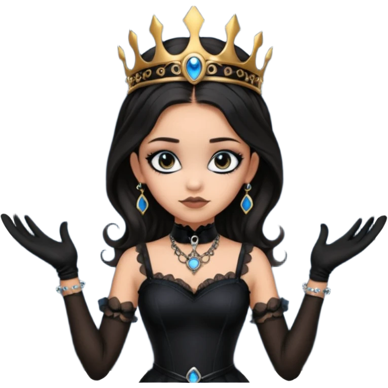 Tight fitting seductively dressed, Holey and worn Lavish black evening gown with see-through wispy black gloves, holding arms-crossed pose witchy Jenna Ortega as student Addams woman wearing a steampunk style mini tiara, very large blue evil-looking horned old evil eyes  emoji