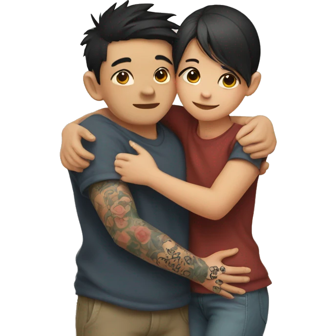 Cute girl hug Asian boy with tattoos on right arm emoji