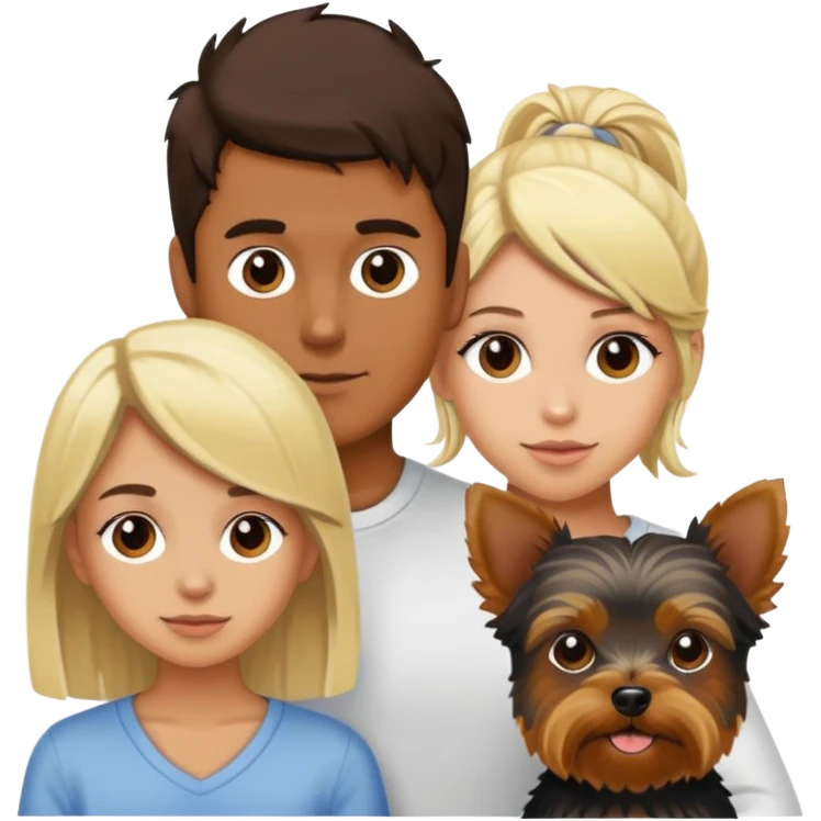 tan skin dark brown hair boy, with blonde girl and yorkie emoji
