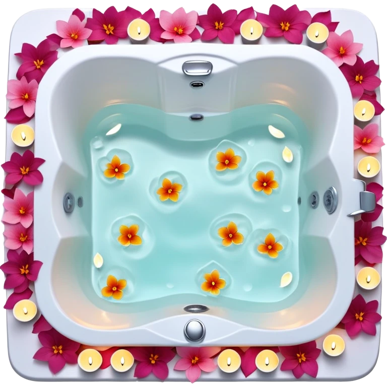 A nice square-shaped romantic Jacuzzi tub with warm water, with flower petals and scented candles, romantic lush warm colors emoji