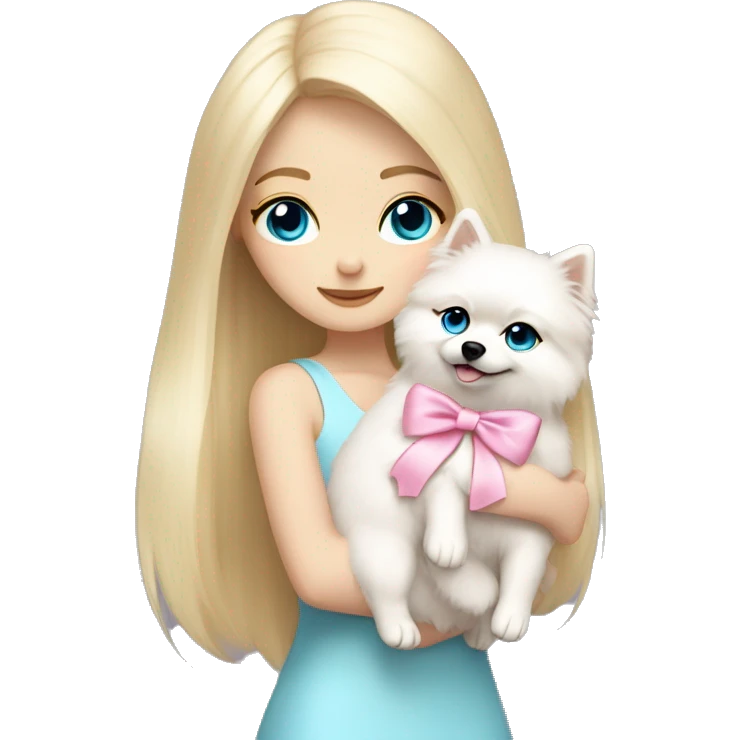 Blond girl white skin blue eyes hugging white Pomeranian with light pink bow emoji