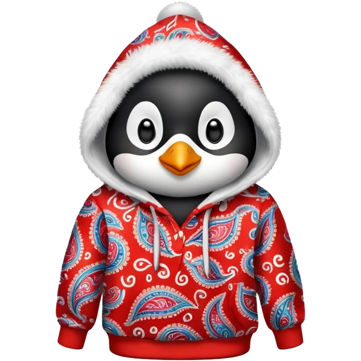 penguin wearing a red paisley pattern hoodie emoji