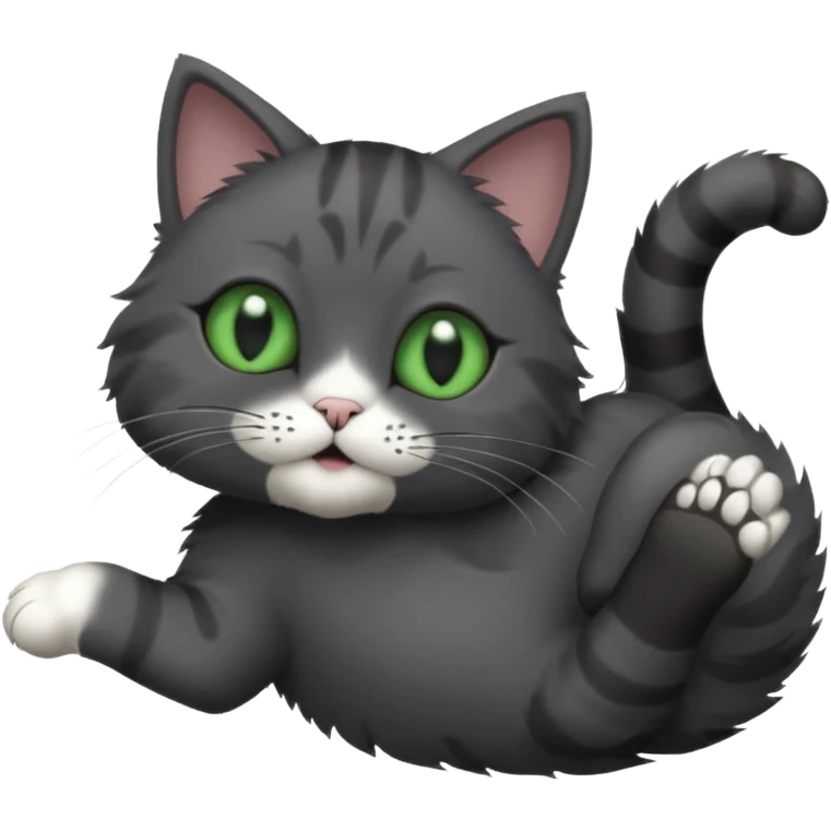 solid dark grey cat with green eyes, completely solid grey face, white toes/paws playing rolling upside down emoji