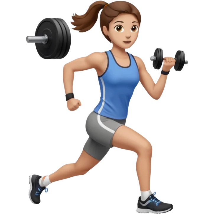 one women running and lifting weights. brown hair, light skin, hazel eyes. emoji