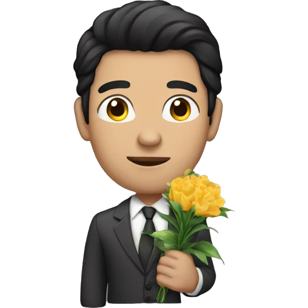 A man with black hair and fair skin in a suit holding flowers emoji
