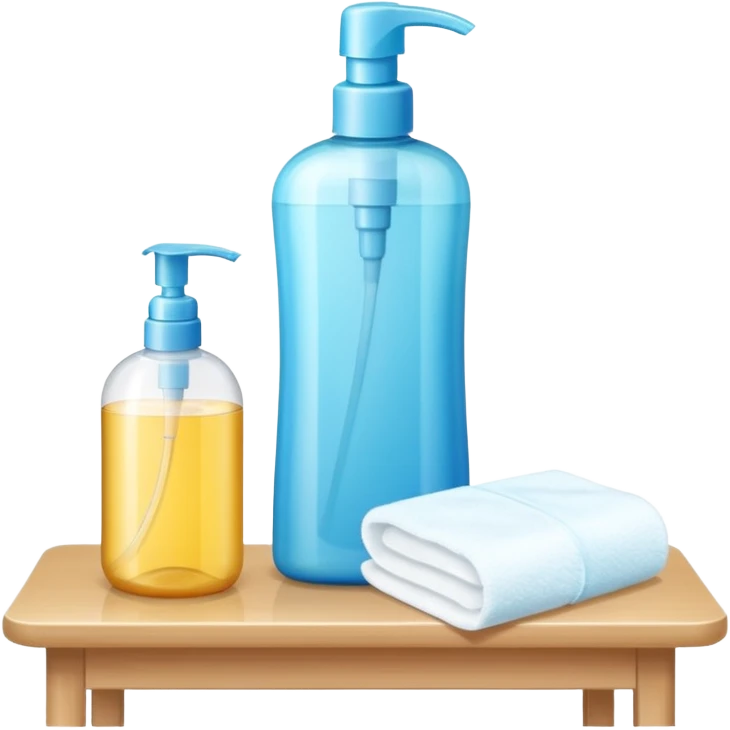 big (1L) bottle of shampoo, disposable gloves and cotton pads (for makeup) are standing on a table emoji