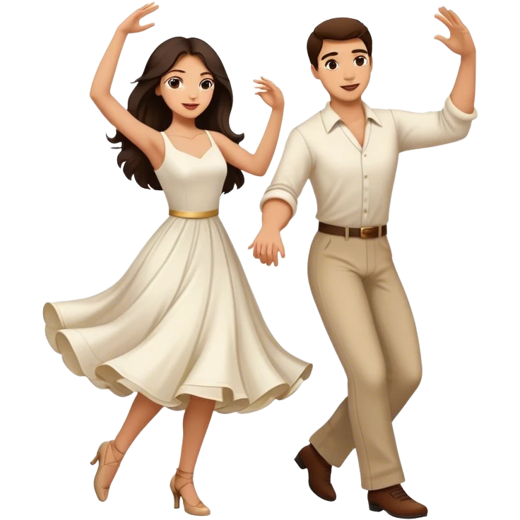 Beautiful woman in 1950’s woman fashion look, white dress, long dark brown hair, balboa couple dance  emoji