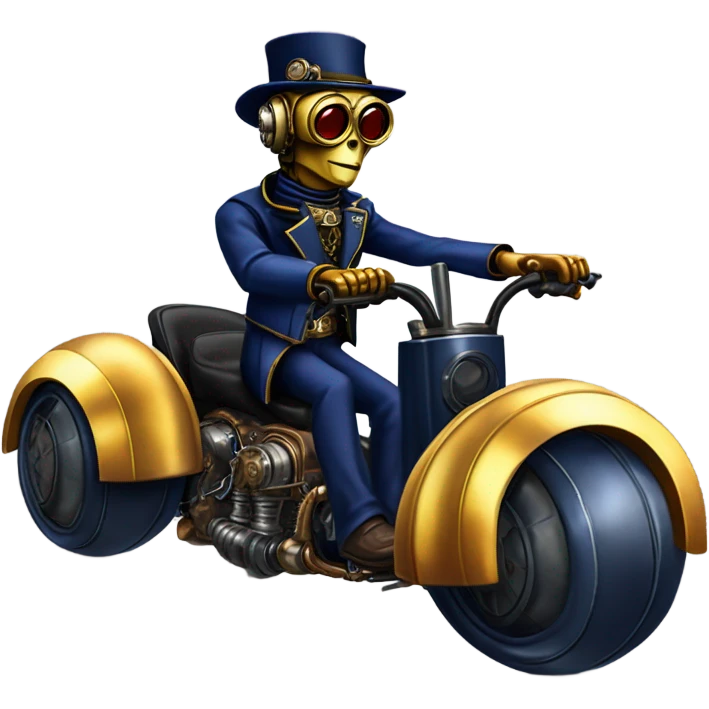 C-3PO wearing a pair of navy-blue rimmed steampunk goggles, hat, leather chaps, fringe jacket riding a fast 3 wheeler trike steampunk motorcycle on ice  emoji