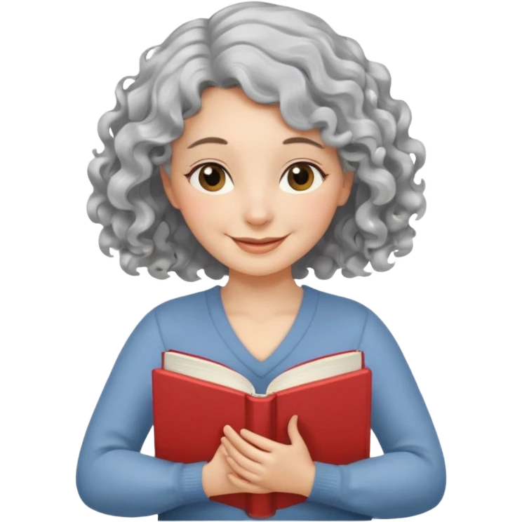 Silver hair, wavy/curly hair chin-length lady giving hug with 2 arms,  v-neck and smiling, add a favorite book emoji