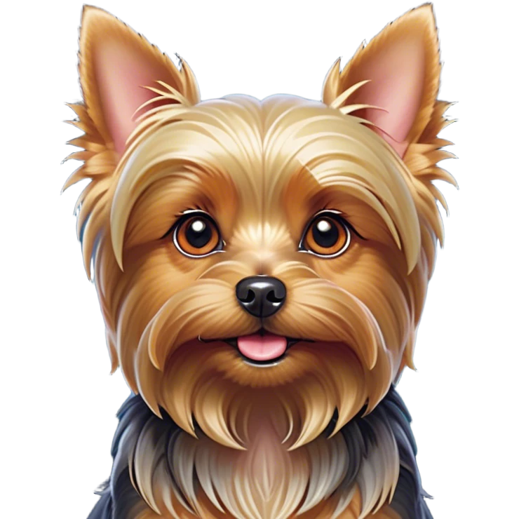 Cinematic Cute Yorkshire Terrier Portrait Emoji, Head perked with bright, twinkling eyes and a perky expression, showcasing a soft, silky fur in rich hues, simplified yet adorably detailed, glowing with a cheerful, inviting glow, high shine, exuding playful intelligence and spunky charm, styled with a gentle, whimsical outline, capturing the essence of a cute Yorkshire Terrier that appears ready to frolic off the screen with irresistible energy! emoji