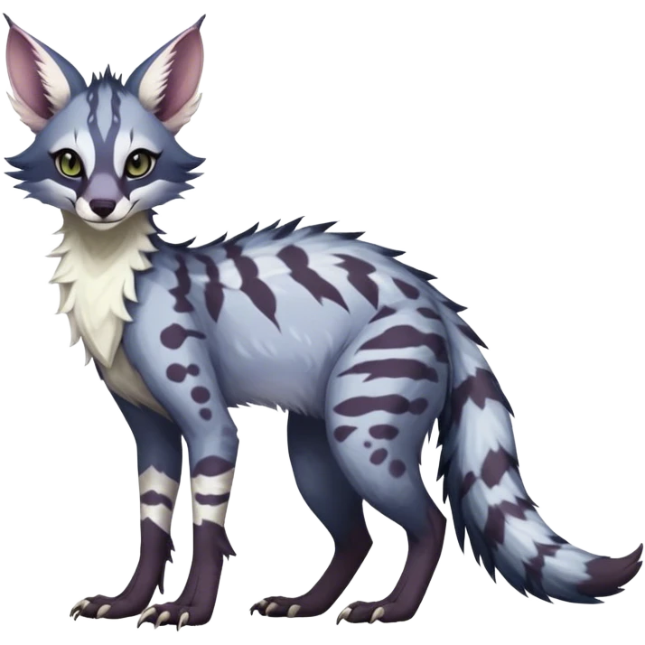 Feral Rare Fantasy dark pastel Vernid-Sergal-Genet-Trico-species by LiLaiRa, random markings, tufted tail, tufted ears, full body emoji