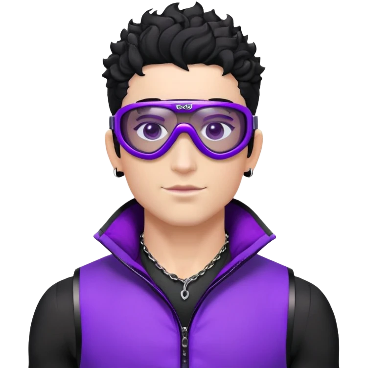 male athlete with white skin and moderately curly black hair on top with shaved sides, wearing ski goggles with purple frames and very dark black lenses, a simple plain black chain necklace, and an open shiny purple vest showing his chest and abs, no earrings emoji
