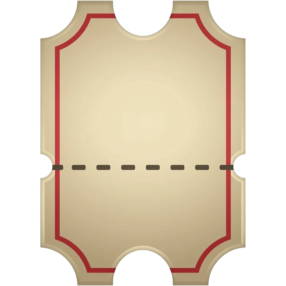 세로로 된 티켓을 만들어 주는데 각 모서리를 반원 모양으로 파여있으면 좋겠어 그리고 티켓의 1/3 아래부분엔 점선으로 된 절취선을 만들어줘 그 절취선이 끝나는 부분에도 바깥쪽으로 반원 모양의 패임을 만들어줘 emoji