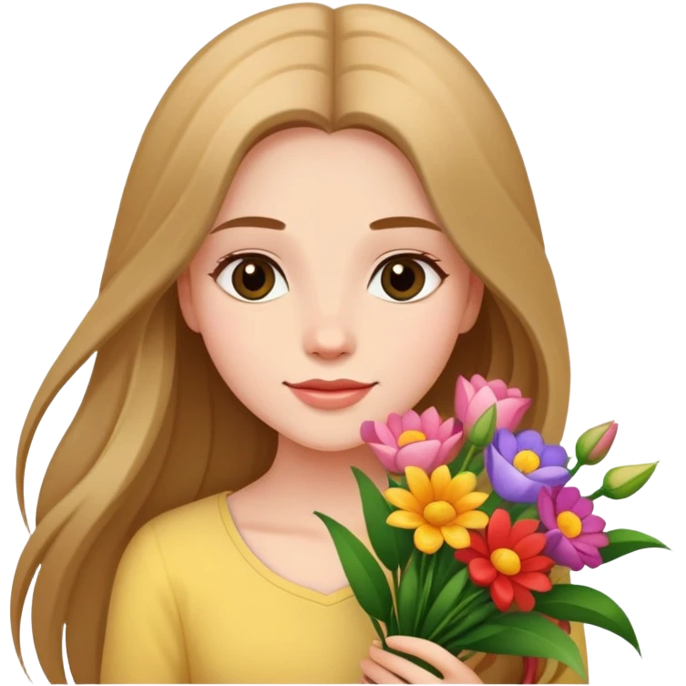 A beautiful girl with long hair holding a bouquet of flowers emoji