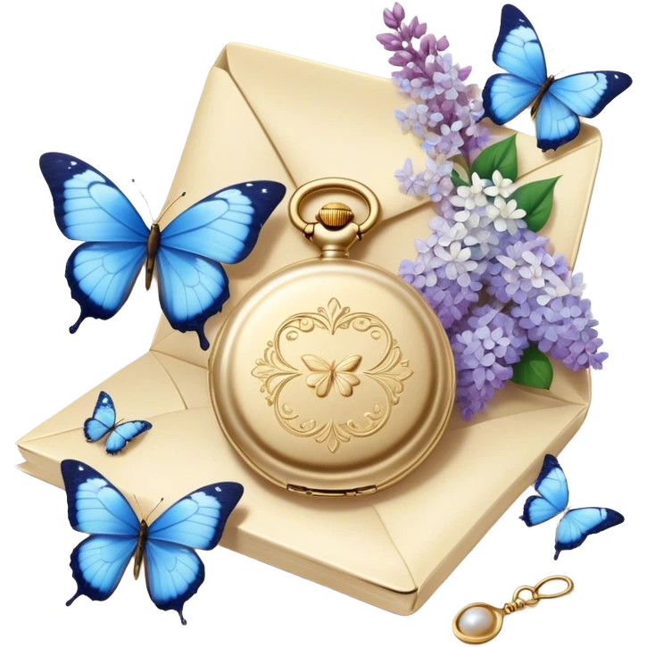 A golden locket, resting beside an ivory envelope sealed with a pearl wax stamp, is surrounded by delicate blue butterflies and cascading white lilacs. A vintage perfume bottle with intricate floral engravings sits nearby, its fragrance lingering in the air. emoji