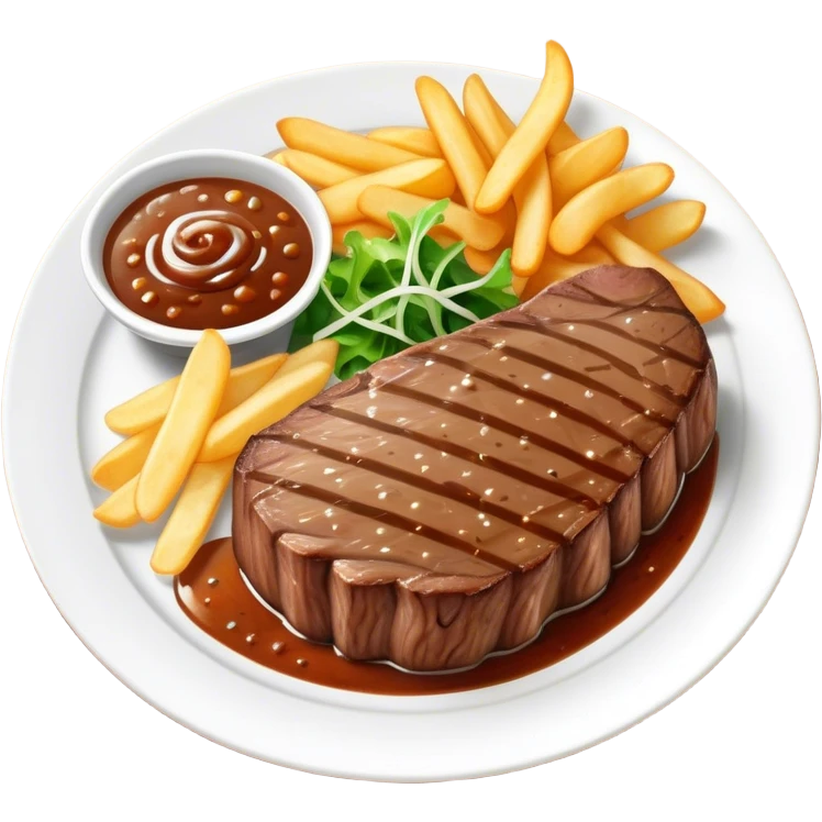 big juicy australian steak meal featuring chips, small salad in a ramiken and gravy  emoji