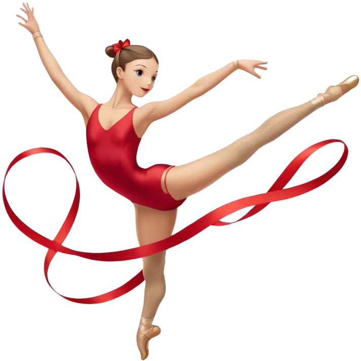 A graceful rhythmic gymnast performing with a flowing ribbon, executing an elegant leap mid-air. The pose exudes flexibility, balance, and artistry. The background suggests a competition arena with soft lighting, emphasizing movement, precision, and the beauty of the sport. emoji