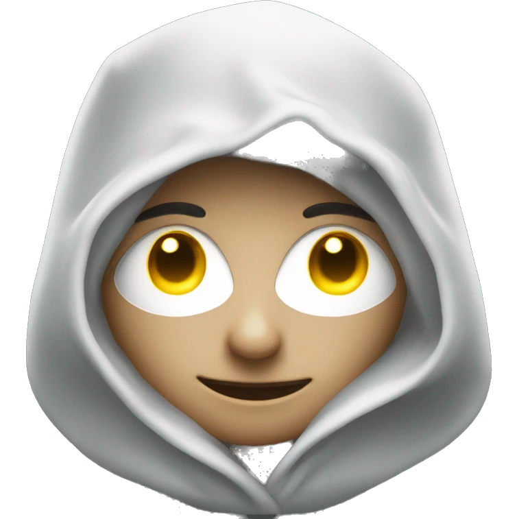 white glowing eyes in a hood wit no pupils with darkness surrounding everything and a white glow around it emoji