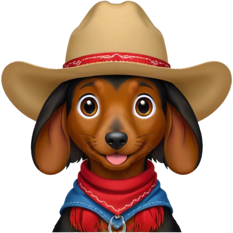 mostly black with some brown long hair daschund with a cowboy hat, ears curl out a bit and bandana and tongue slightly out emoji