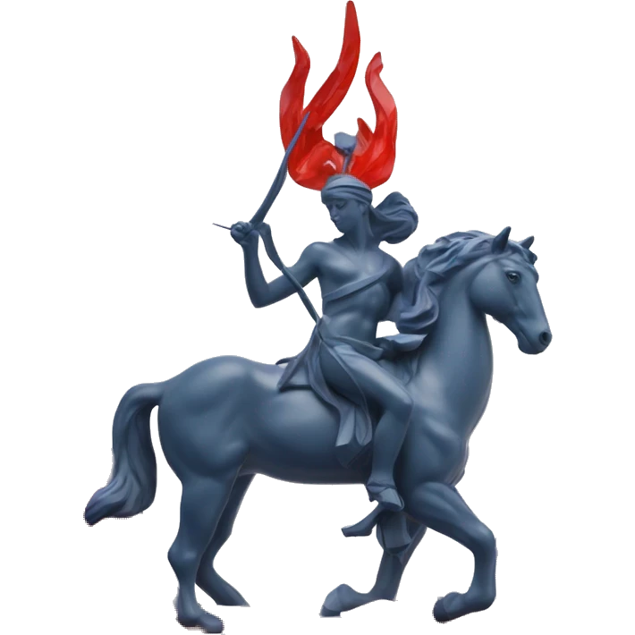 A Sagittarius sculpture with a geometric, faceted design. The Sagittarius is standing upright with angular and baroque features. The vibrant red and blue flame colors highlights the sharp edges and planes. Only 2 legs, clear features emoji