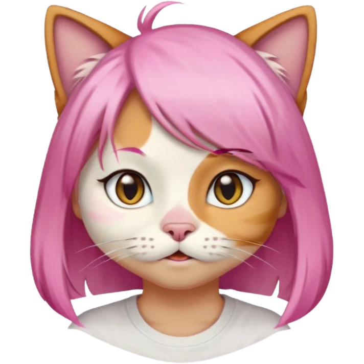calico cat wear pink hair wig, white T-shirt emoji